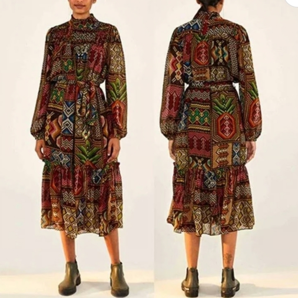 Farm Rio Stand Collar Long Sleeve Rauti Tiered Maxi Dress Brown Size